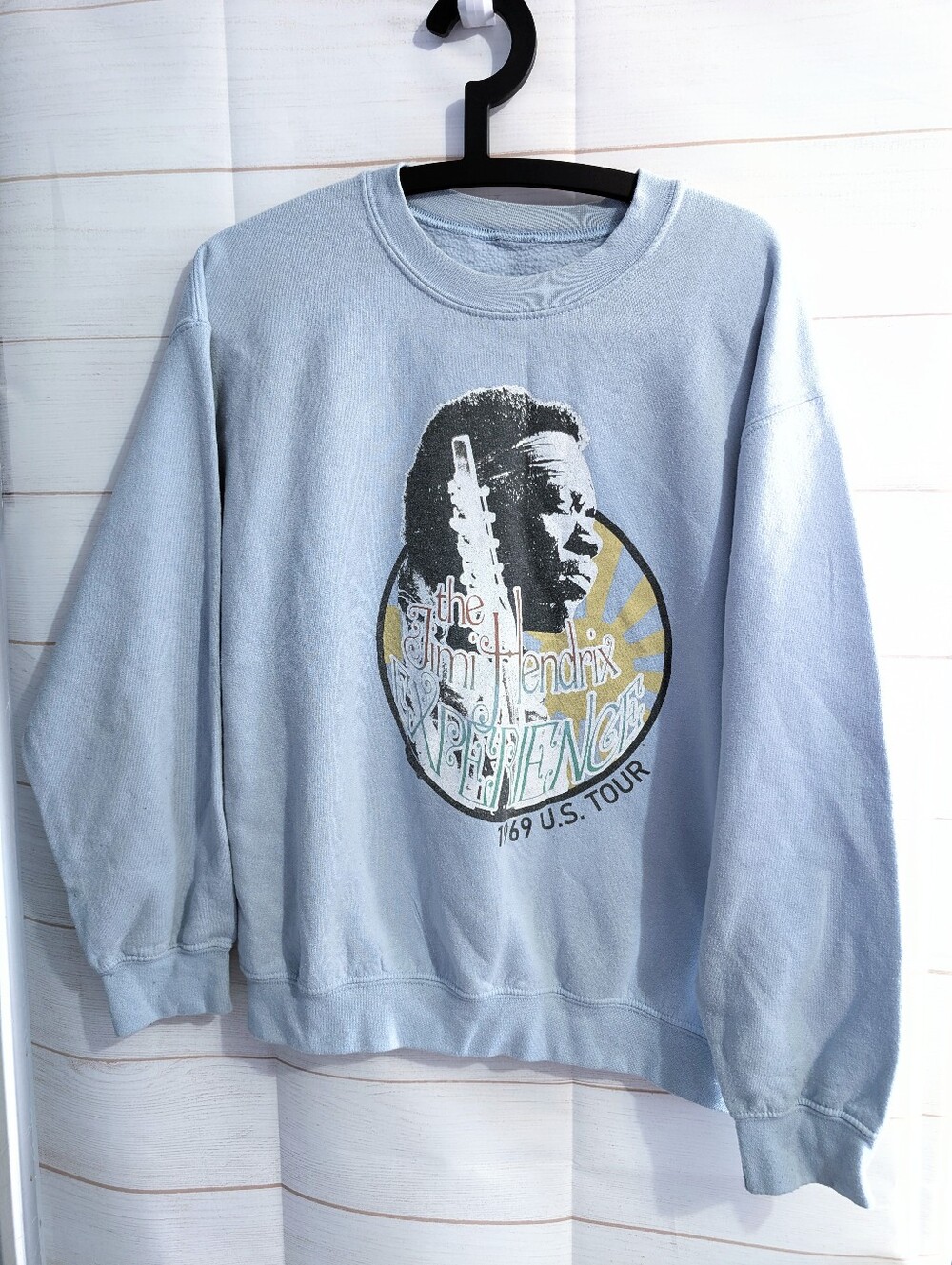 Jimi Hendrix Tour Style Light Blue Graphic Crewneck Sweatshirt Size Medium